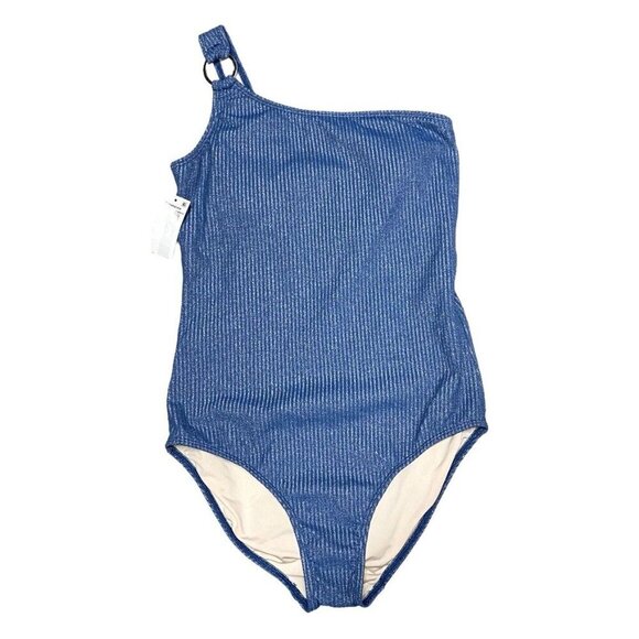 Shoshanna Sz 12 Swimsuit Ring One Shoulder One Piece Blue Silver Shimmer Preppy - Picture 4 of 7
